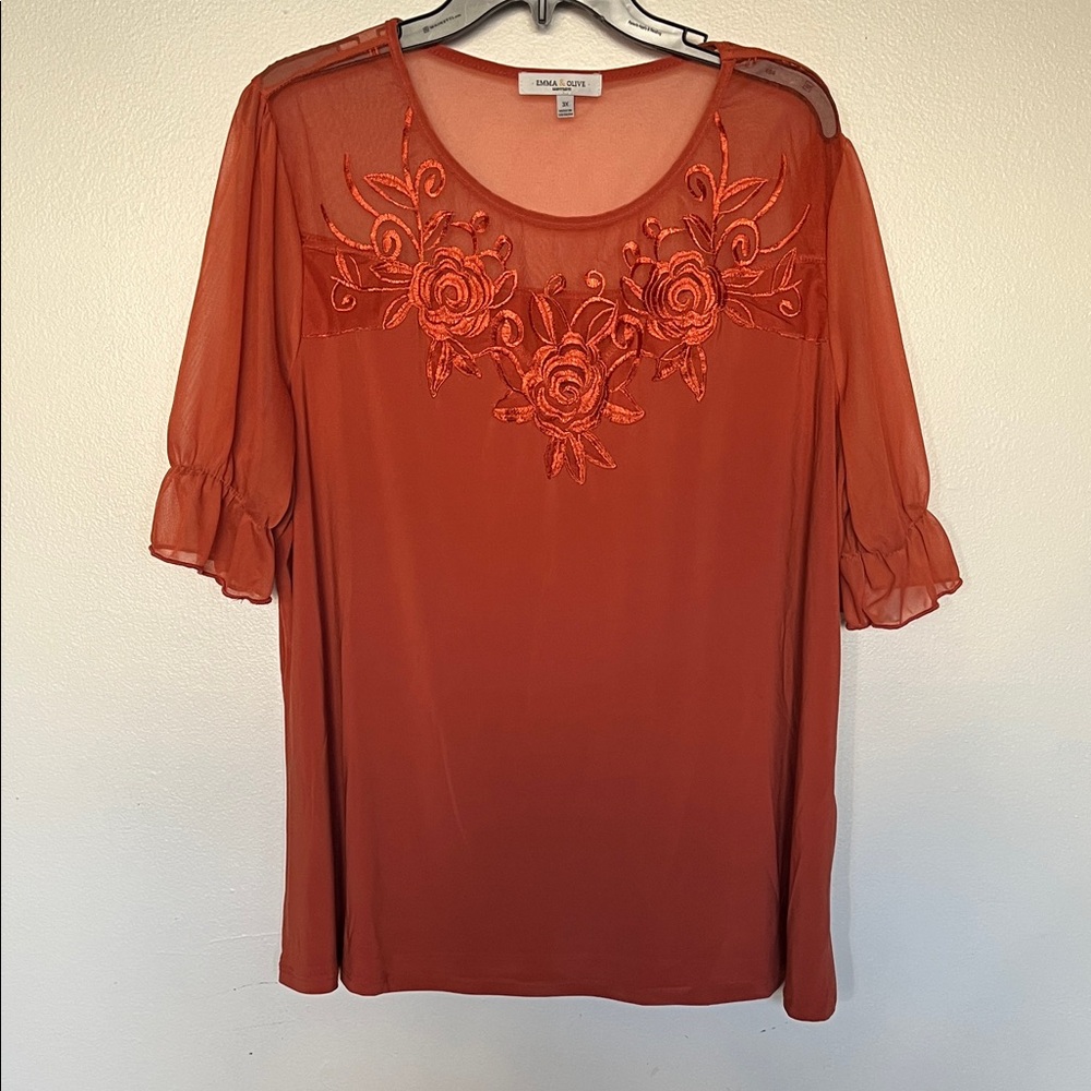 Embroidered Sheer Yoke Blouse in Burnt Orange by Dana Buchman
